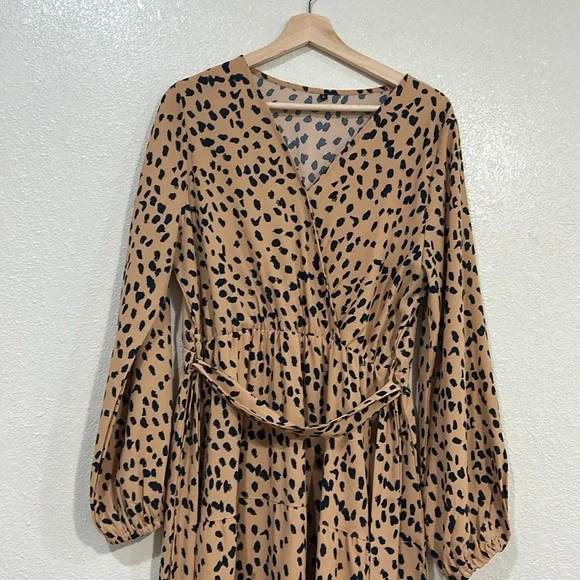 NO BRANCH WOMEN TAN BLACK LEOPARD PRINT MAXI DRESS Sz LG - Picture 3 of 11